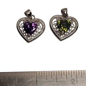 Set of 2 Heart Filigree Pendants Purple Green Cubic Zirconia Silver Tone Charms